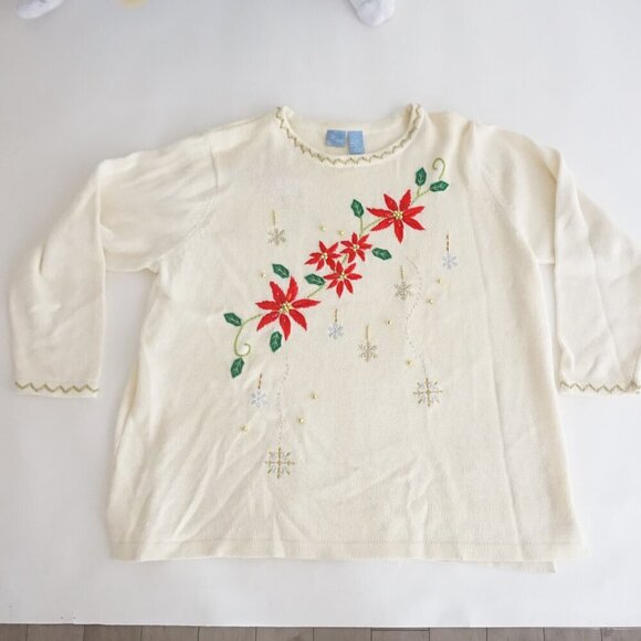 Vintage Holiday Edition Cream Gold Poinsettia Embroidered Christmas Sweater 3X - Picture 1 of 13